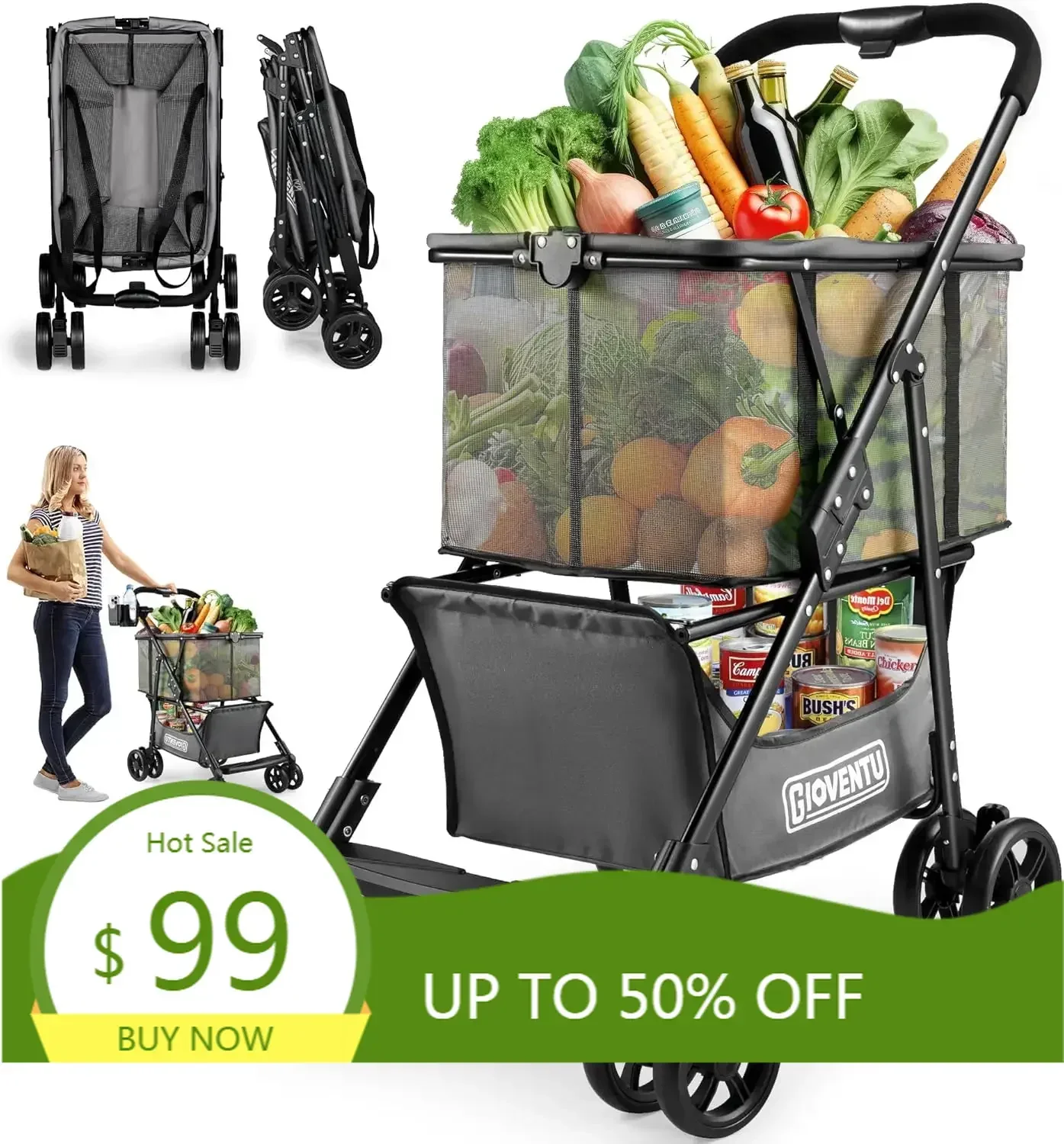 Folding Shopping Cart for Groceries(80lbs), Multifunctional Collapsible Cart with Removable Tote Bag and Swivel Wheels