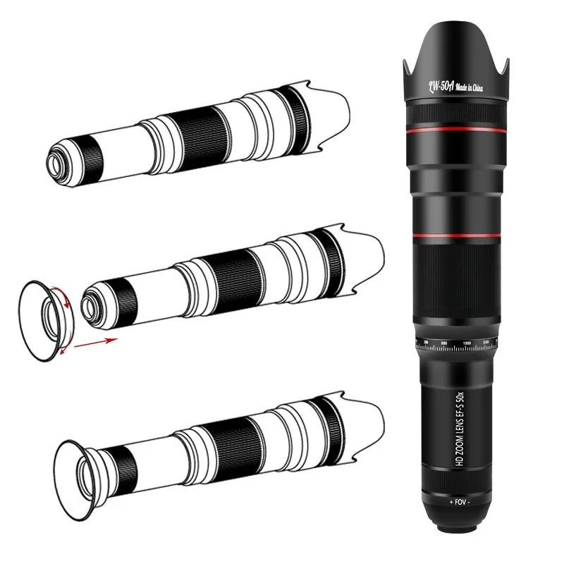 HD 50X 휴대폰 렌즈 카메라 망원 줌 단안 망원경 렌즈, 셀카 삼각대, 모든 스마트폰용, 조절 가능한 휴대폰 렌즈
