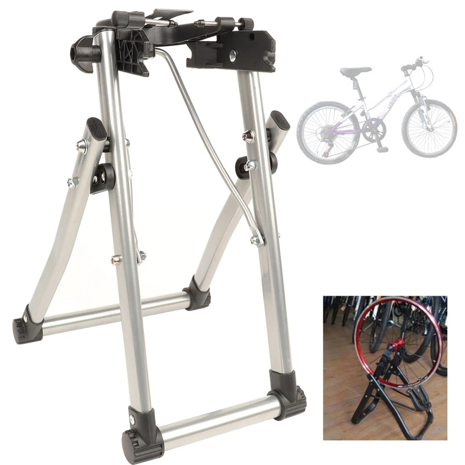 CurcKua Supporto per bicicletta Supporto per riparazione bicicletta Kick Stand per mozzo ruota bici pieghevole strumento di riparazione meccanico nero regolabile in altezza