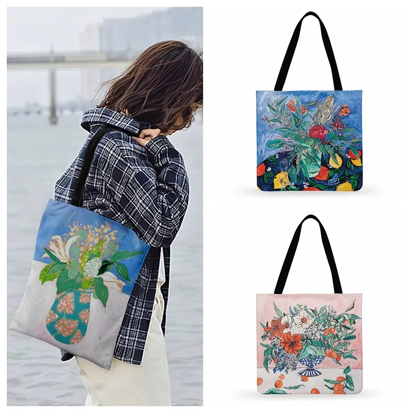 

California Summer Bouquet Art Painting Print Tote Bag Women Casual Tote Ladies Shoulder Bag Foldable Shopping Bag Outdoor Bags