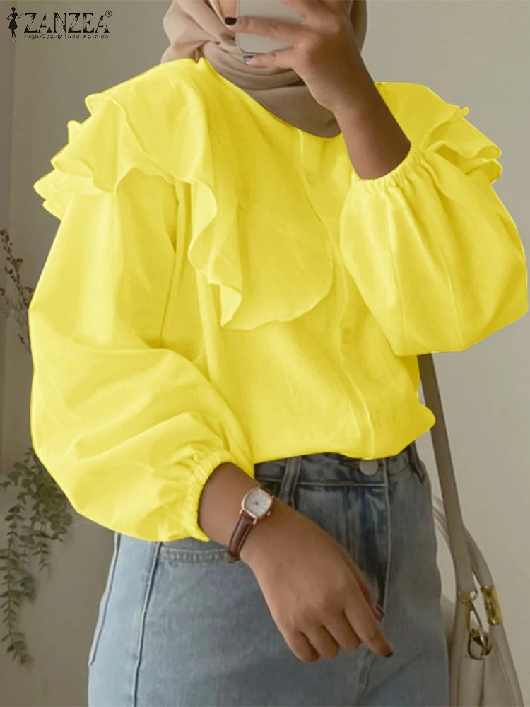 

ZANZEA Woman Elegant Party Muslim Blouse Autumn Puff Sleeve O-Neck Flounce Tops Fashion Solid Blusas Islamic Clothing Oversized