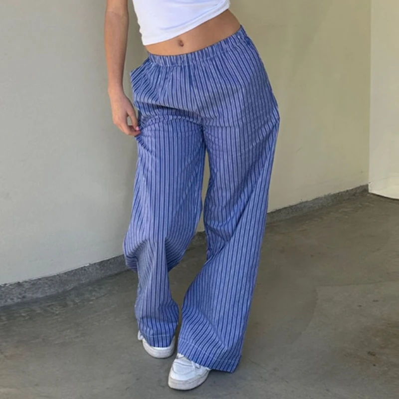 

Vintage 90s Vintage Loose Trousers Women Y2K Striped Pants Wide Leg Lounge Bottom Casual Elastic Waist Pajama Pants Streetwear