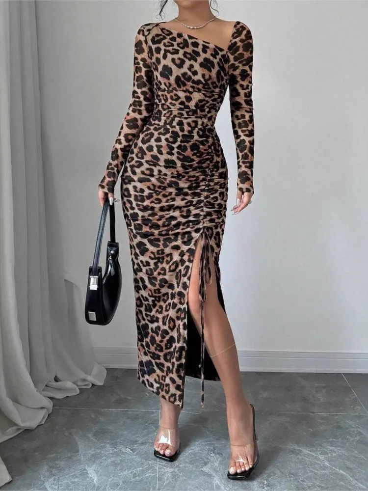 Summer Women's New Fashion Leopard Print Long Sleeve Sexy Split Drawstring  Slimming Casual Slant Neck Long Dress - AliExpress 200000345