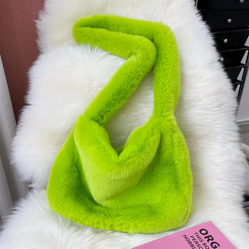 2000s Y2k Hot Girls Candy Color Rose Pink Plush Crossbody Shoulder Bag Women Winter Harajuku Street Fashion Faux Rabbit Fur Bags