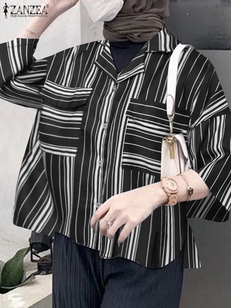 

Vintage Stripe Printed Muslim Blouse ZANZEA Summer Women Tops 3/4 Sleeve Lapel Neck Blusas Button Chemise Casual Shirt Kaftan