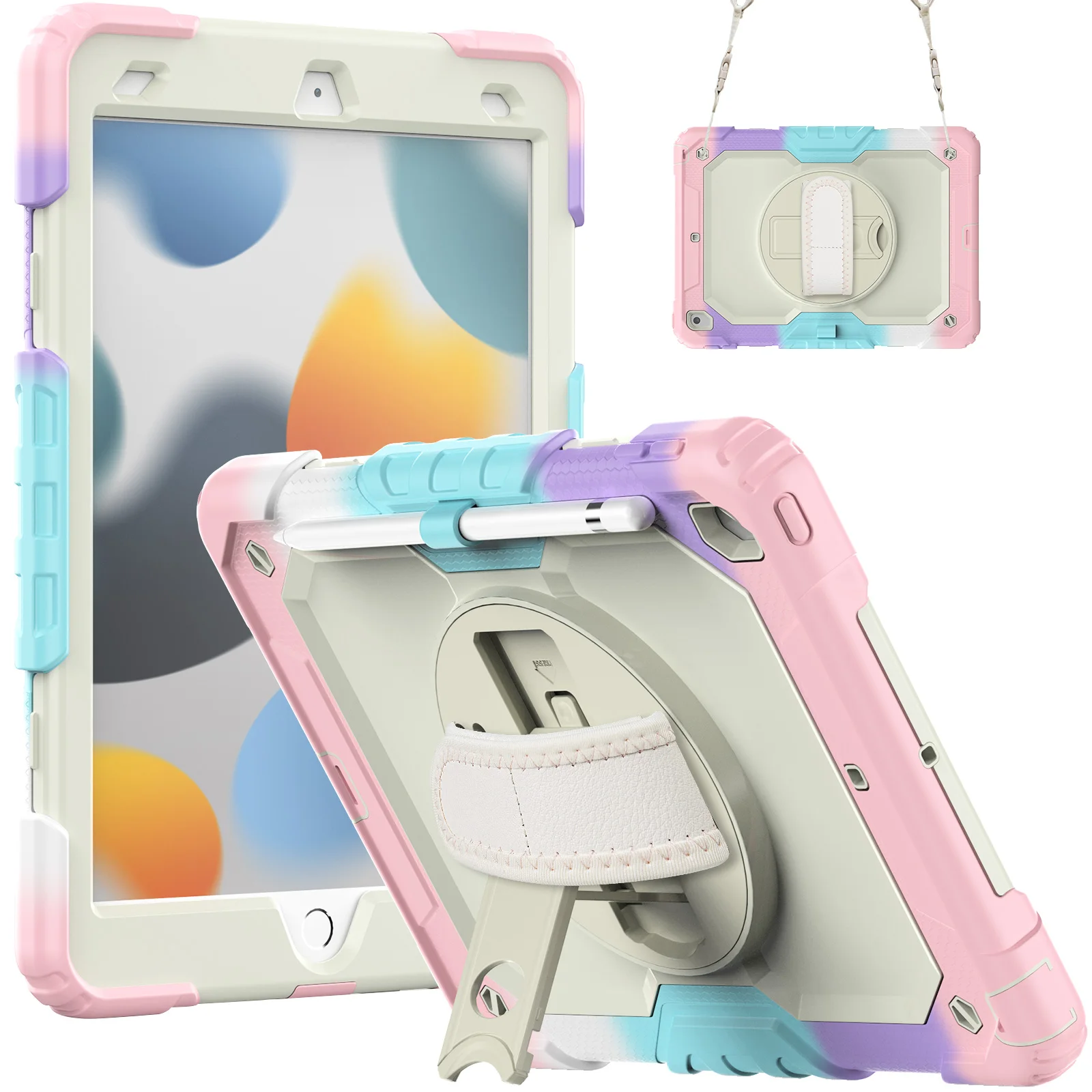 360 회전 핸드 스트랩 및 킥 스탠드 보호 실리콘 케이스, 아이패드 10.2 7 8 9 세대, 튼튼한 충격 방지 커버 