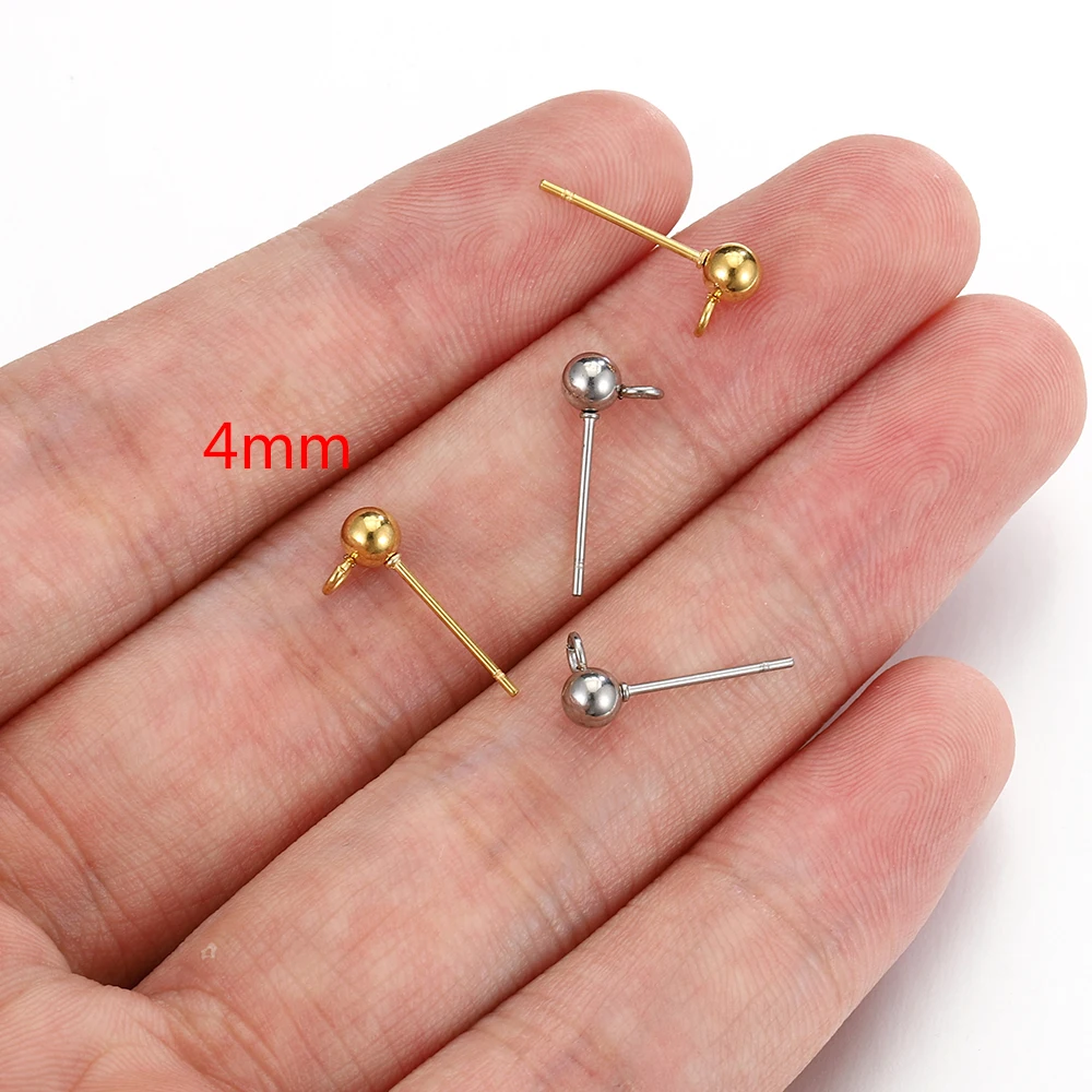 20pcs Gold Stainless Steel Round Ball Earring Post Studs with Open Rings