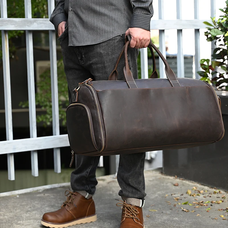 Large Leather Duffle Bag With Shoe Compartment