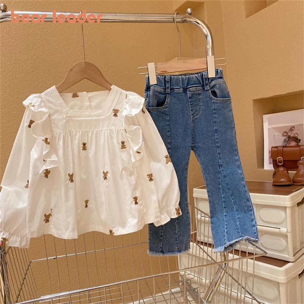 

Bear Leader Girls' Set 2024 New Girls' Casual Square Neck Little Bear Print Long Sleeve Shirt+Denim Pants Set Children's Set