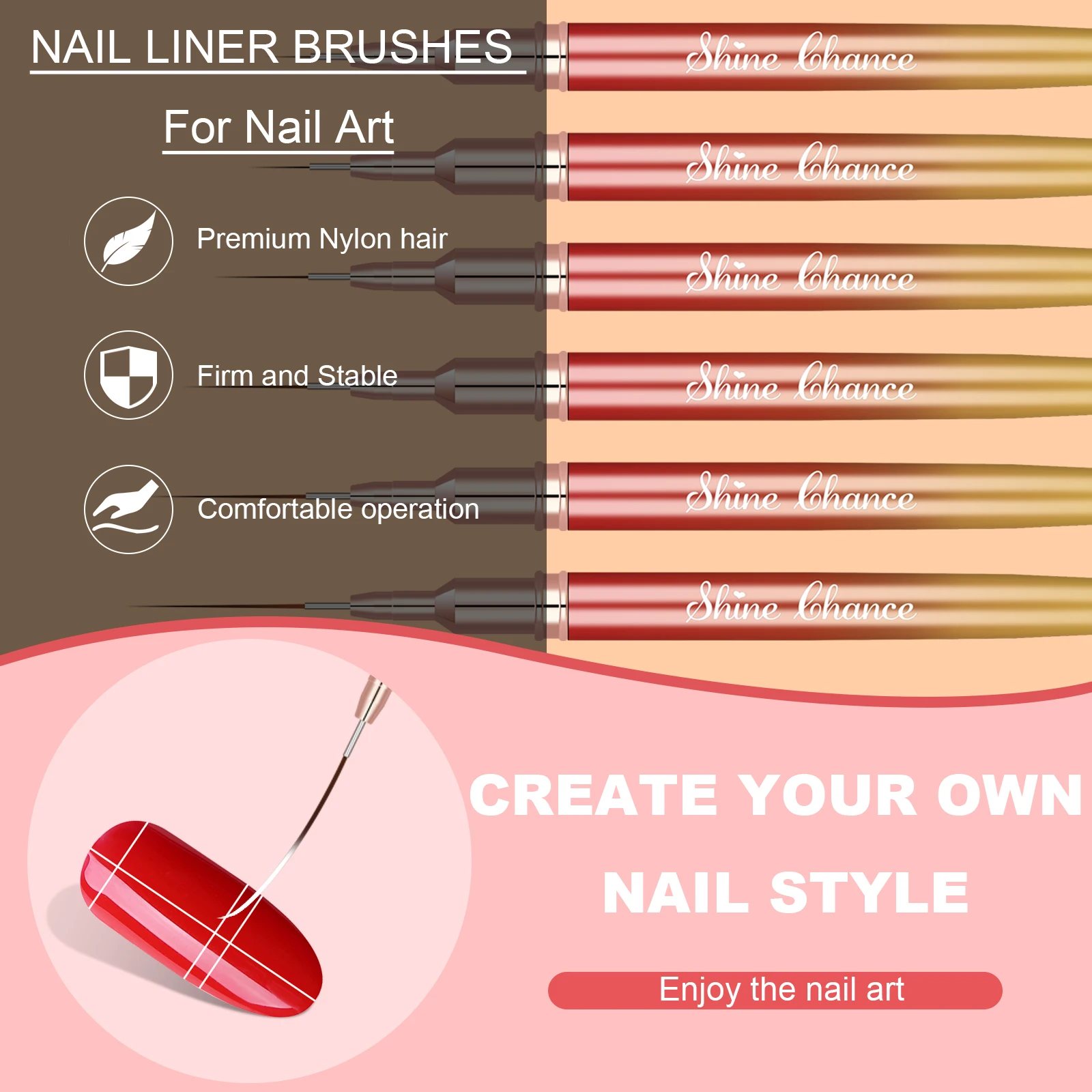 6Pcs Transparent French Stripe Liner Kolinsky Brush 3D Tips Manicure Ultra-thin Line Drawing Pen Brushes Painting Nail Art Tools 2