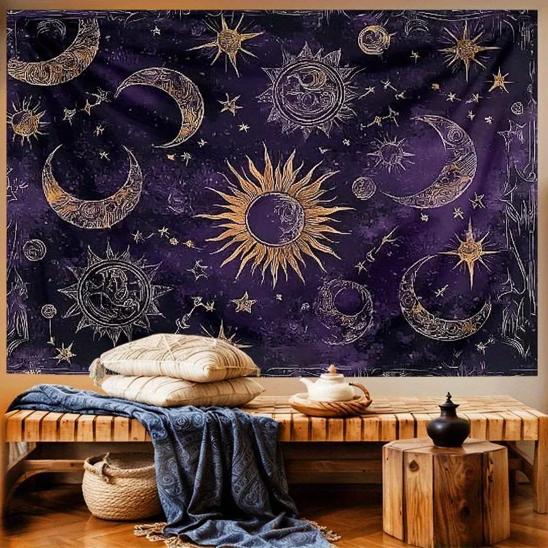 VIKAMA 2026 Neuerscheinung Vintage Sternenhimmel Wandteppich | Sonne-Mond Bohemian Wandbehang | Sofa-Hintergrund-Dekoration für Wohnzimmer – Detail 2