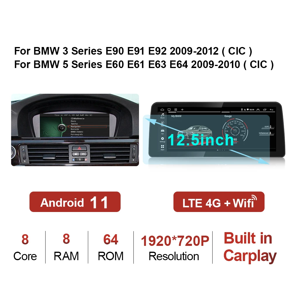 car dvd video player 8.8" /12.5" 8Core 8G+128G Android 11 Car Multimedia Player GPS Radio for BMW 5 Series E60 E61 E62 E63 3 Series E90 E91 CCC/CIC best dvd player for car Car Multimedia Players