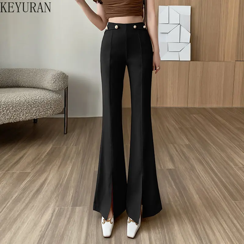 Buttons Apricot Black Flare Pants for Women Trousers Korean