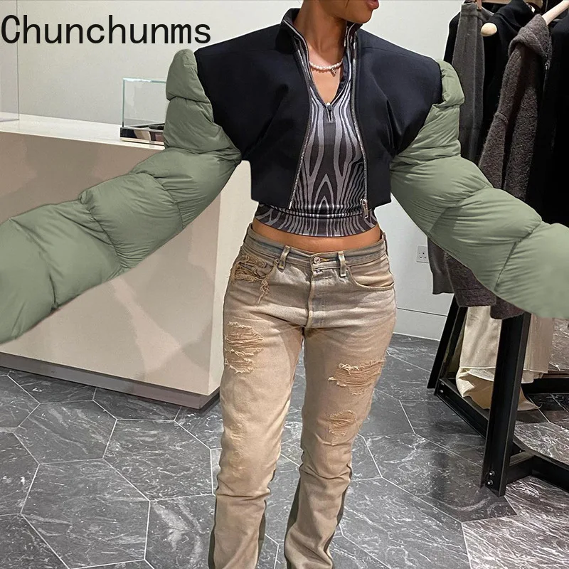 

2022 Winter Warm Flare Sleeve Down Jackets Color Contrast Design Cotton Padded Parkas Casual Hot Cropped Puffer Coats Clothing