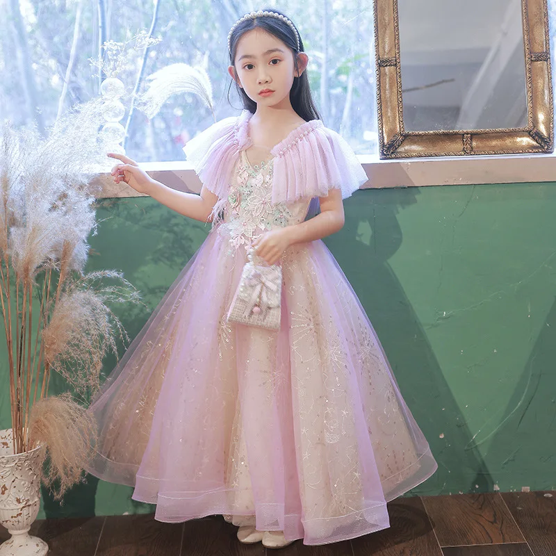 

V collar embroidery Kids Dresses For birthday Party Wedding Pearl Children Beauty Pageant Long gown Girls Princess Tulle Dress