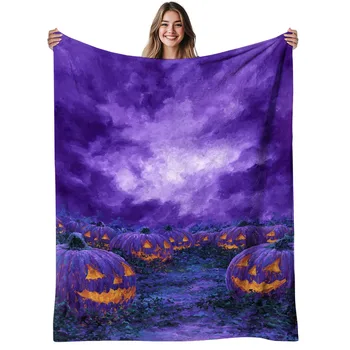 1pc, Purple Pumpkin Patch, Flannel Blanket Soft, Warm, Halloween Artistic Design Print, for Living Room, Bedroom, Sofa, AllSeaso