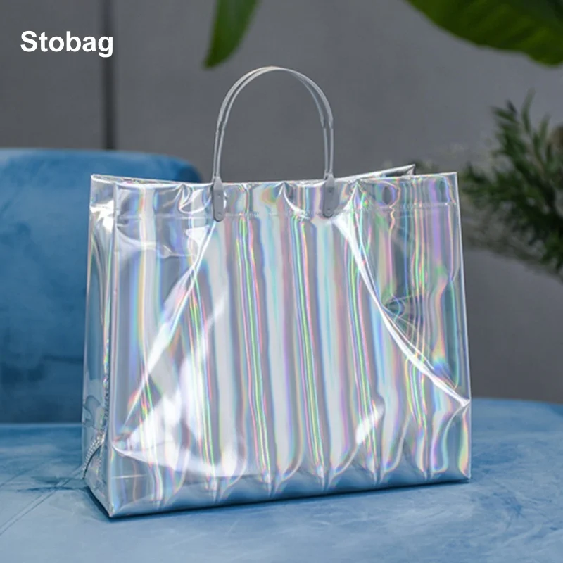 

StoBag 25pcs Laser Shopping Tote Bag Shoulder Woman's Plastic Gift Clothes Packaging Pouches Portable Custom Logo(Extra Fee)