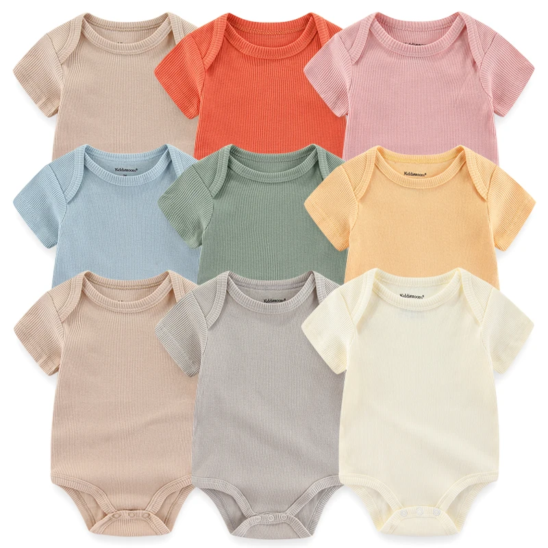 Solid Color 5Pieces Unisex Ribbed Cotton Newborn Baby Girl Clothes Set Short Sleeve Bodysuits Baby Boy Clothes Summer 1