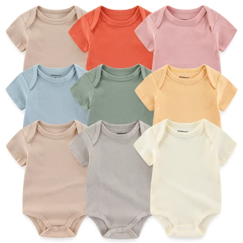 Solid Color 5Pieces Unisex Ribbed Cotton Newborn Baby Girl Clothes Set Short Sleeve Bodysuits Baby Boy Clothes Summer