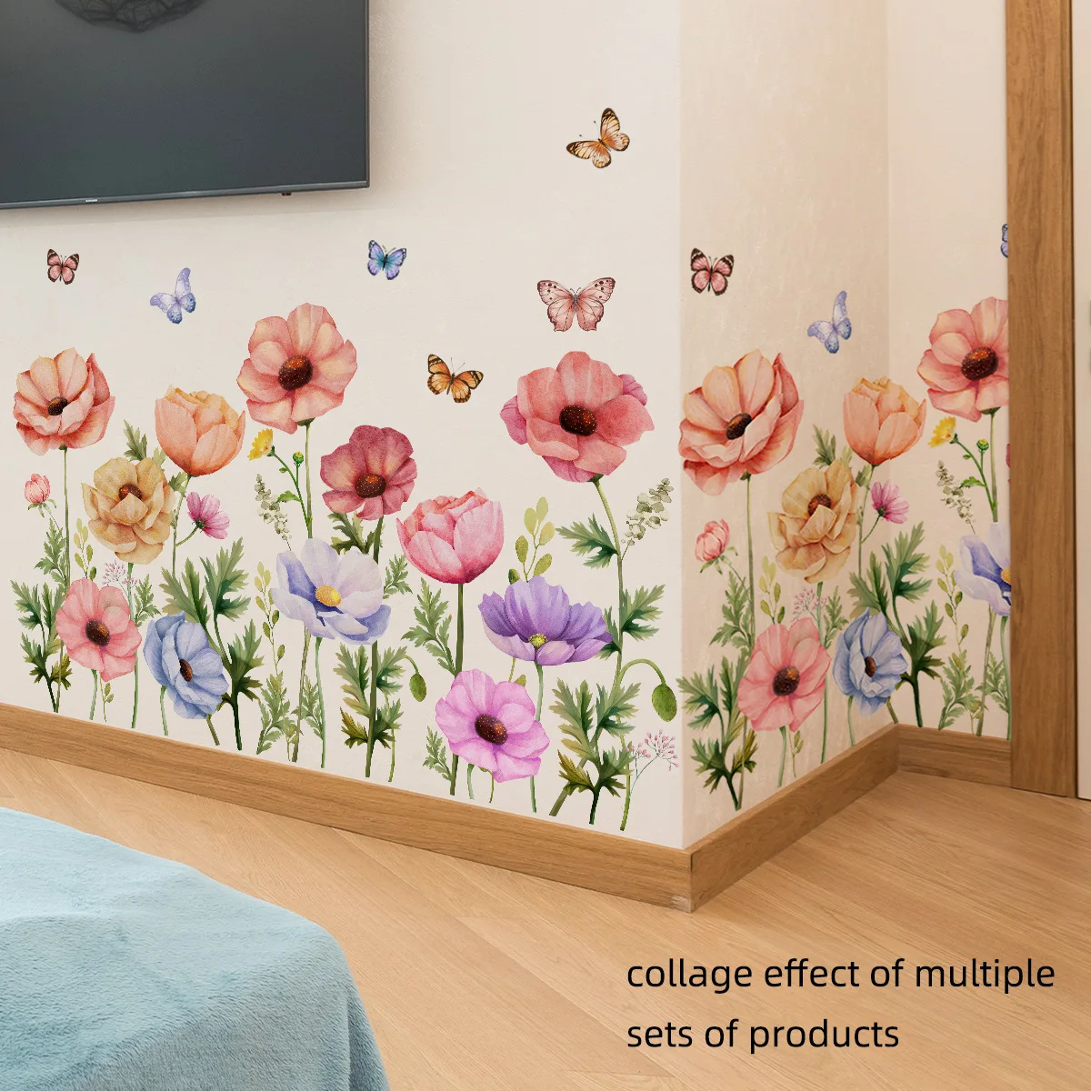 Watercolor Flowers Butterfly Wall Stickers For Living Room Background Decoration Mural Bathroom Home Decor Self-adhesive Decals