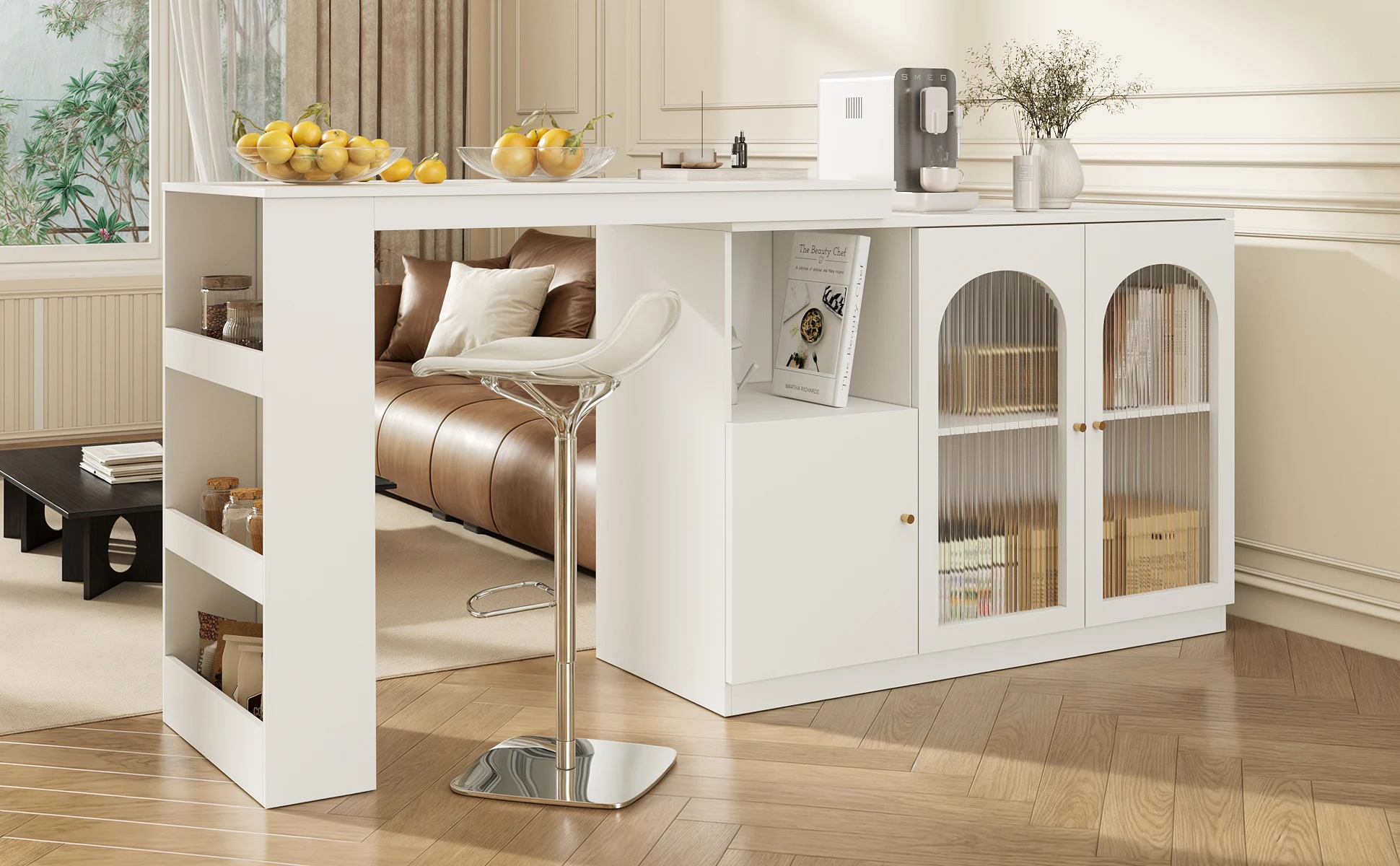 360 ° Drehbarer Bartisch (Hauptkörper 120 x 40 x 97 cm), moderner und schlichter weißer drehbarer Ess- und Barschrank, multifunktional – Detail 17