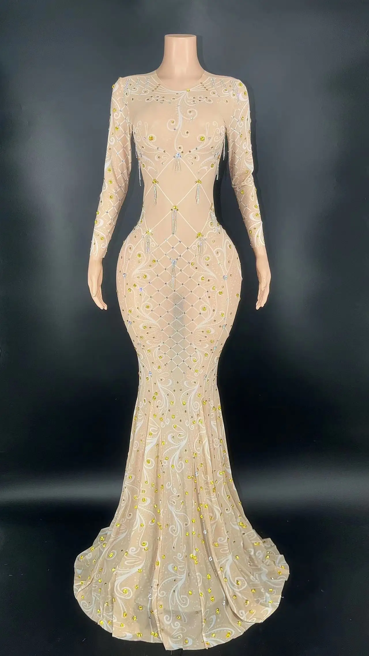 

Sparkly Silver Rhinestone Transparent Single Sleeve Long Train Dress Evening Birthday Celebrate Costume Singer Flashing Dress