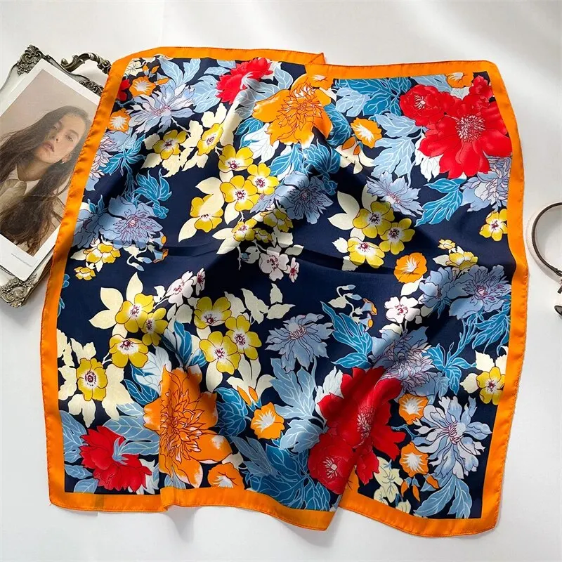 Luxury Print Silk Feeling Square Scarf Women Spring Neck Tie Shawl Wraps Female 70cm Hair Hand Wrist Headkercheif Hijab Bandana 5
