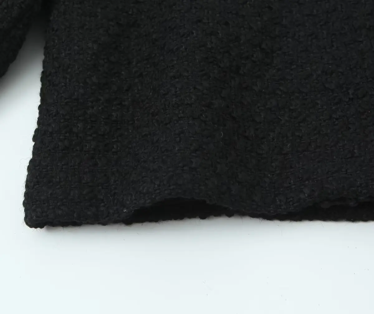 Autumn O neck Soft Woolen Black Tweed Coat Cropped Vintage Women Silver Buttons Full Sleeve Short Blazer Elegant Jacket