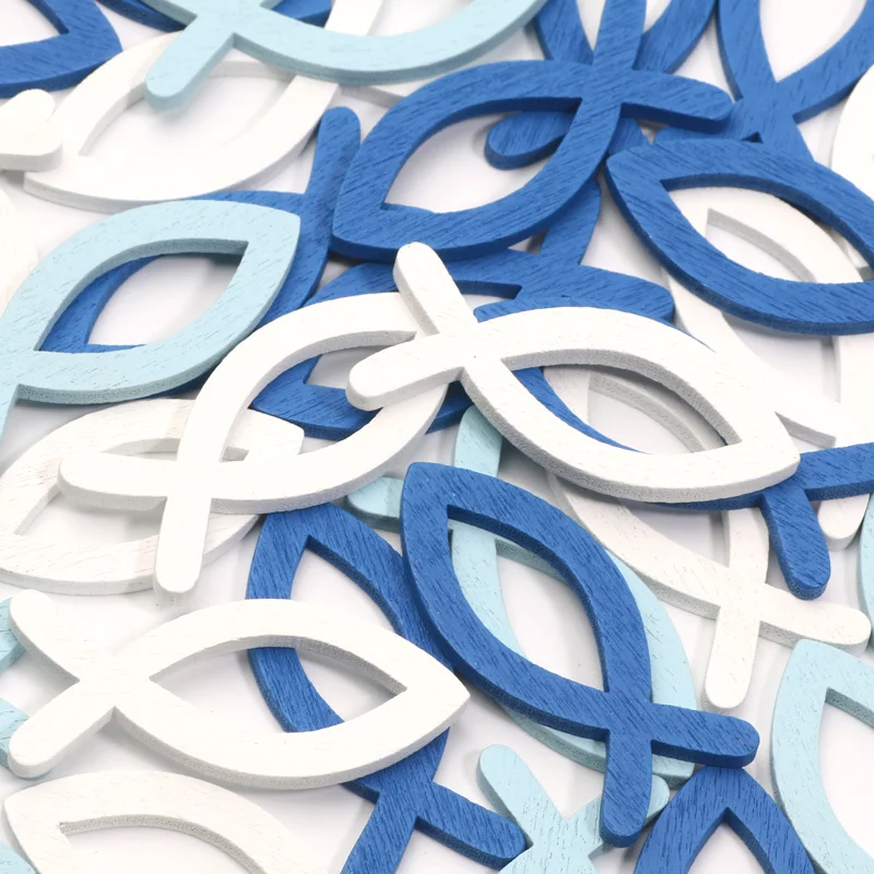 

50pcs Mixed Blue White Unfinished Wood Slices Fish Shapes Scrapbook Wood DIY Crafts Decorate Supplies Wedding Decor 15x35mm