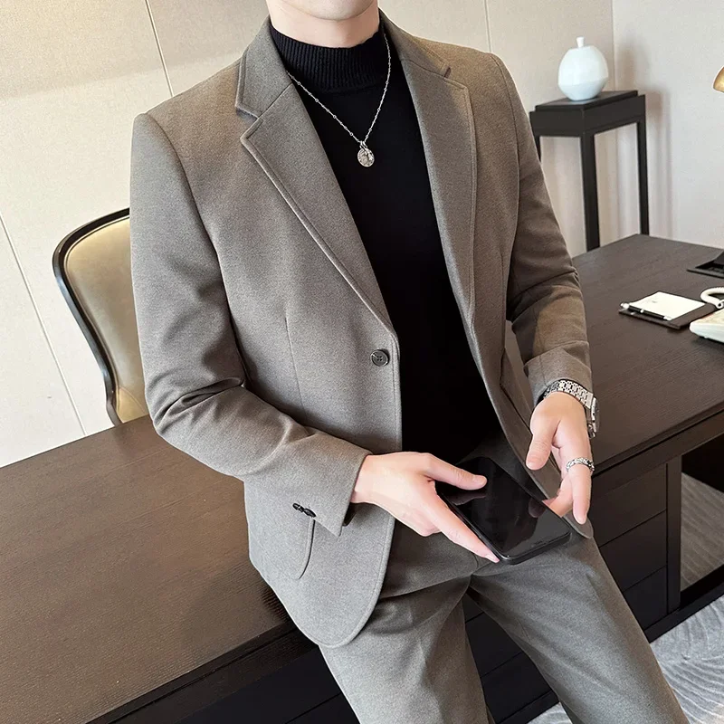 Plus Size 7XL-M ( Jacket+Pant）Autumn Winter Thickened Starry Sky Woolen Suit High Quality Slim Fit Business Social Casual 2 Pcs