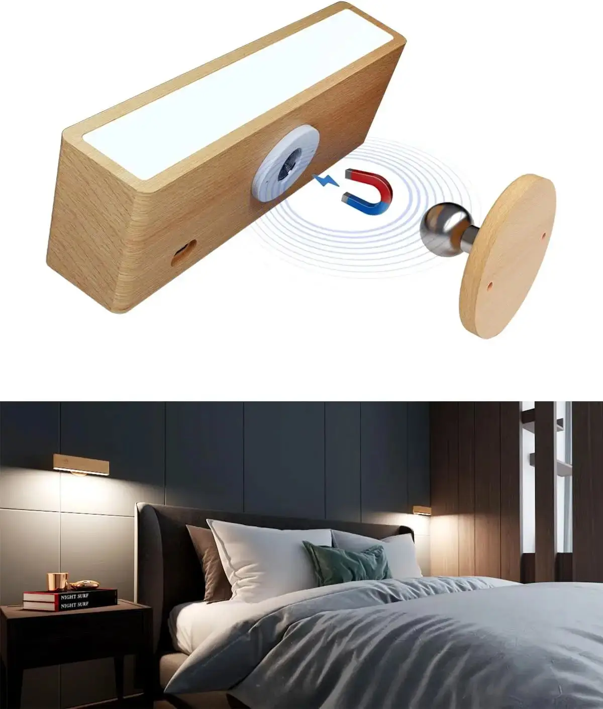 

LED Wall Sconces Solid Wood Wall Reading Light Type C Rechargeable Wall Mounted Bedside Lamp Mirror Lamp 360 Rotate Magnetic