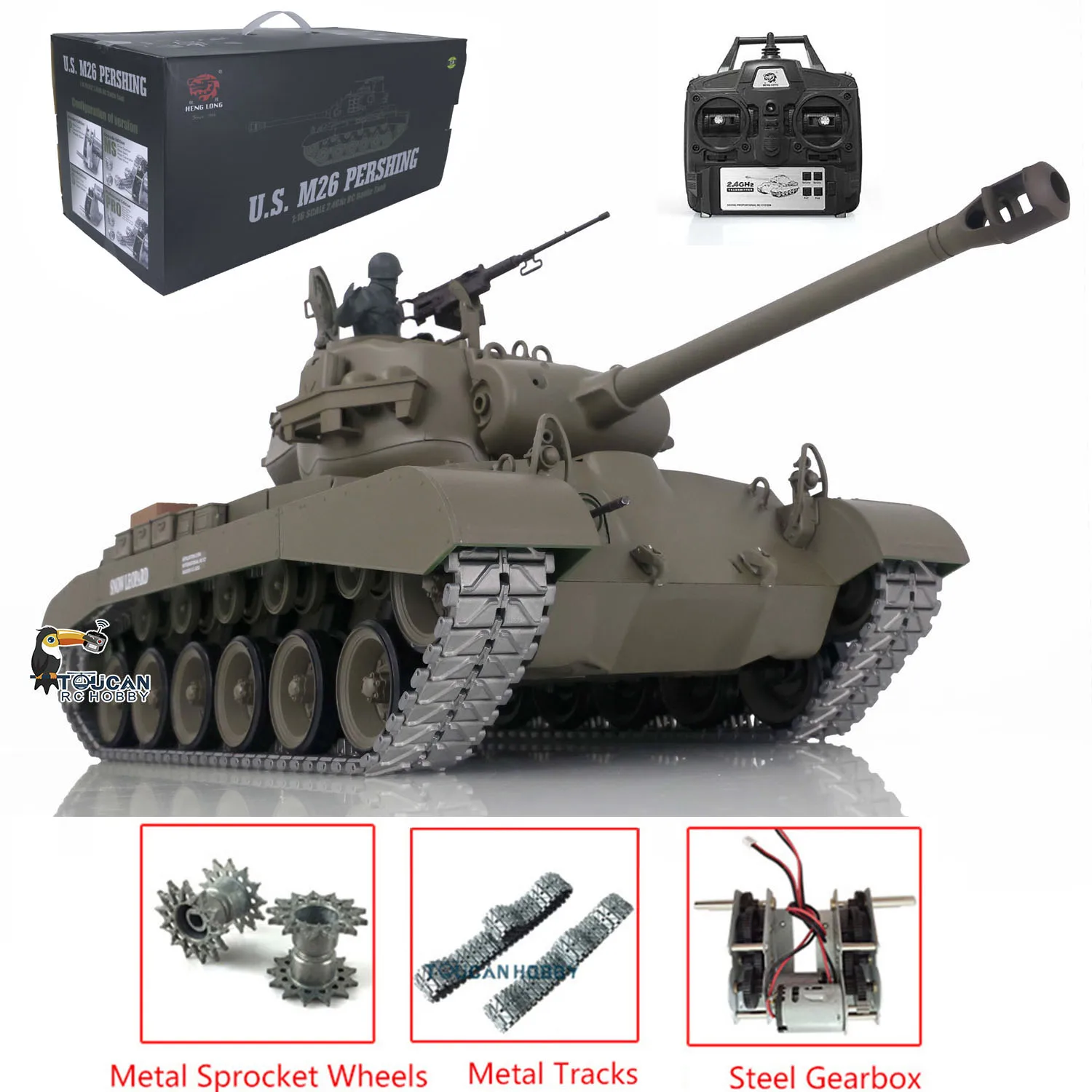 HENG LONG M26 Pershing RTR RC Tank 3838 1/16 Scale 7.0 Upgraded Metal Tracks Gearbox Idler Remote Controller Toys TH17304-SMT4 3