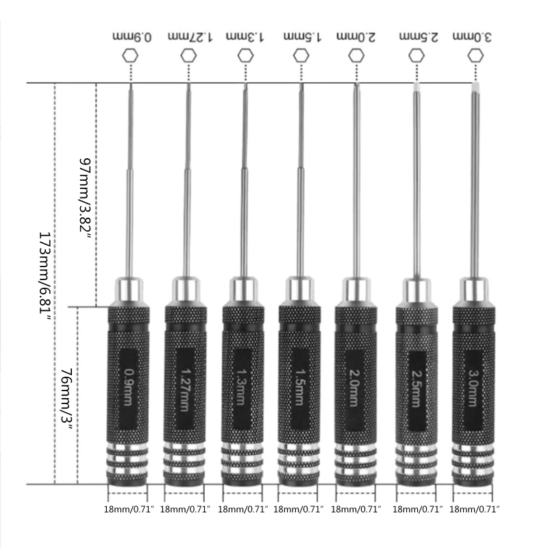 Jeu de 7 tournevis hexagonaux RC 0.9-3mm - Outils modélisme