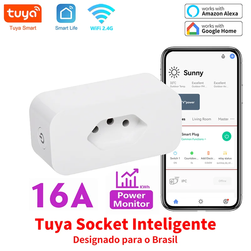 Tuya 16A 브라질 표준 와이파이 스마트 플러그, 전원 모니터, 스마트 라이프 앱, 스마트 소켓 음성 작업, Google 홈 알렉사