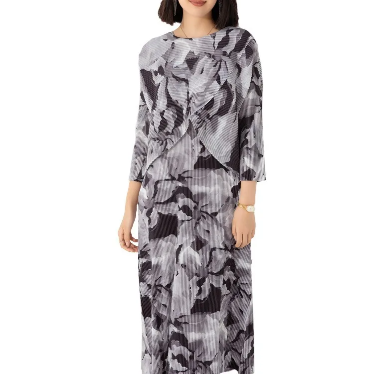 Miyake Pleated Two-piece Set for Women 2023 Autumn New Fashion Ink Painting Print Loose Round Neck Long-sleeved Top Vest Dress