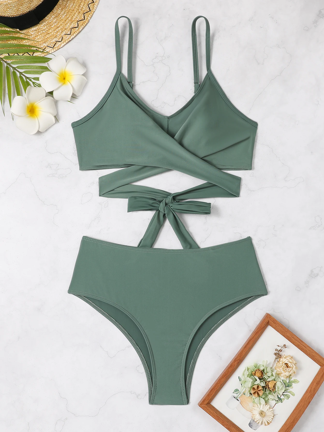 Solid Color Women's Swimwear V Neck Back Tie Bikini Set Adjustable Strap Swimsuit Female Summer Swimming Beach Wear