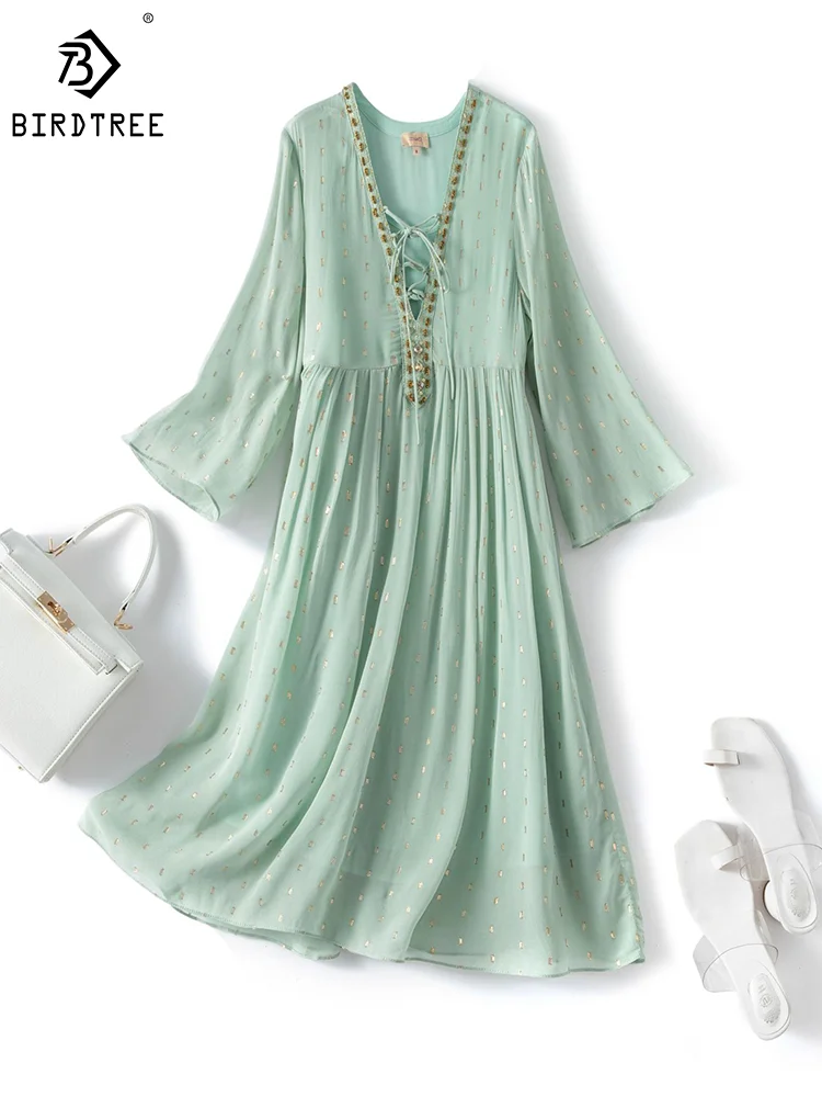 

Birdtree Natural Silk Tshirt Dresses Women Beaded V Necks Long Sleeves Office Workwear Maxi Dress New Summer D36411JM