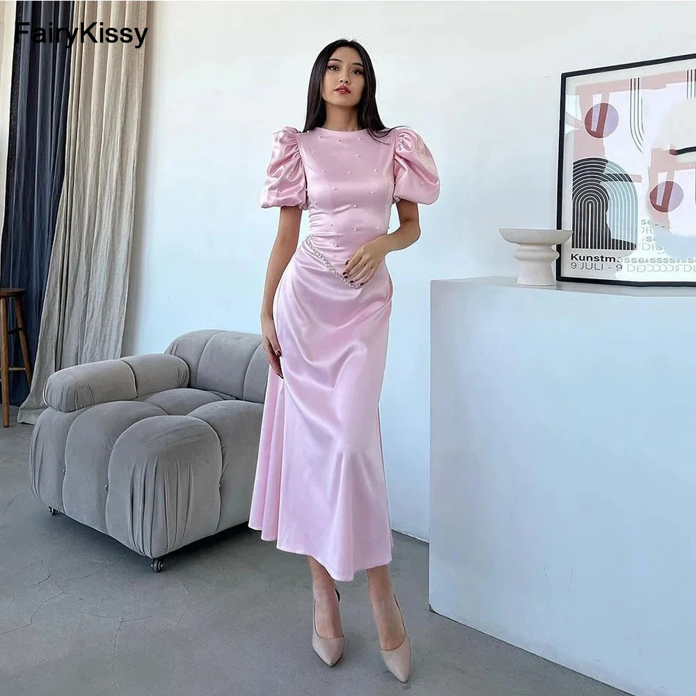 

FairyKissy Pink Party Dresses O neck Arabic Pearl Beading Prom Dress Tea Length Bodycon Satin Formal Occasion Gown
