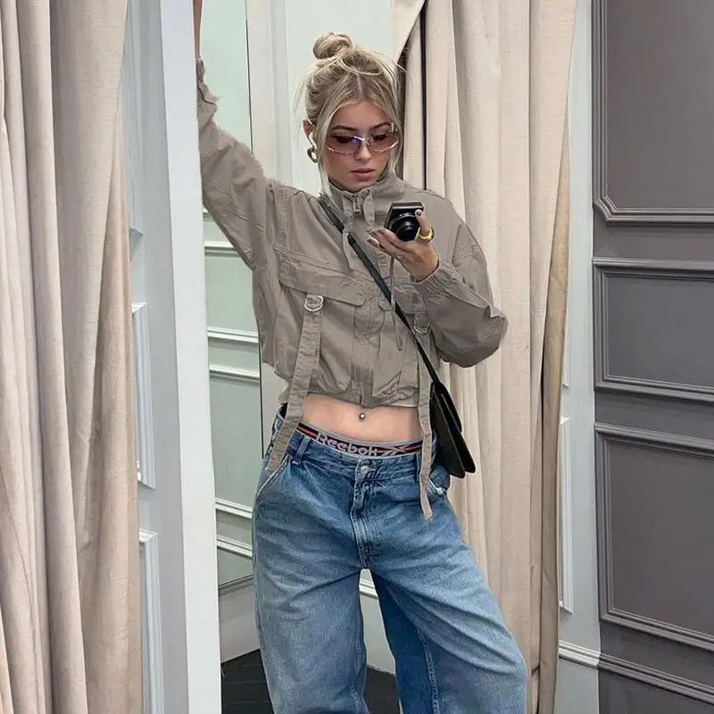 Short Workwear Jacket Women Street Pockets Zipper Stand-up Collar Jacket Personalized Fashion Versatile Khaki Tops Jacket Women
