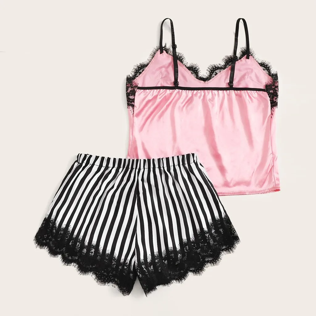

Women Sleepwear Satin V-Neck Lace Striped Camisole Pajamas Bowknot Shorts Set Sexy 2 Piece Lingerie Loungewear Suits & Sets
