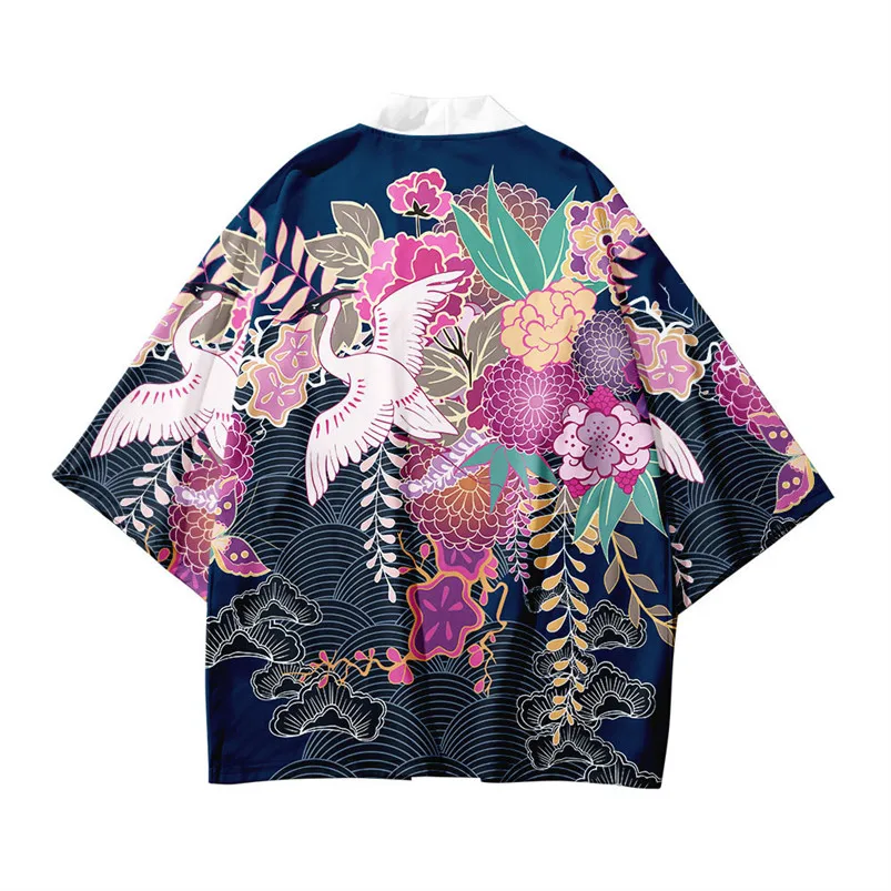 Kanagawa Wave Crane Japanese Kimono Cardigan Outerwear Coats Fashion Streetwear Loose Boys Jackets Casual Overcoat