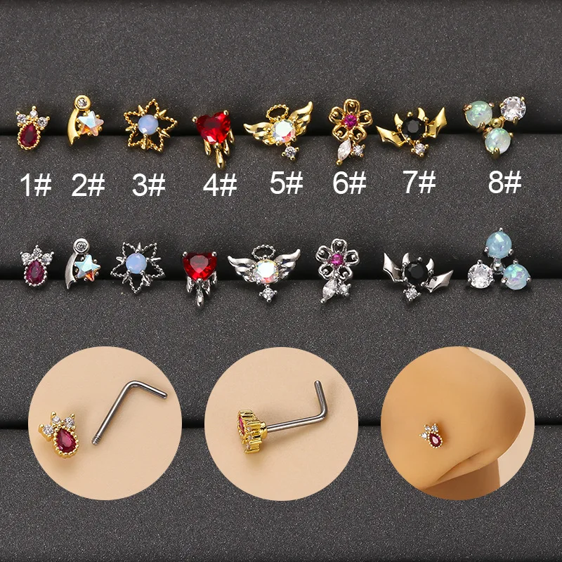 

1PC 20G Women Stainless Steel Piercings L Bend Hooks Nose Stud Inlaid Zircon Heart Shape Nose Piercing Body Jewelry