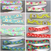 DHK 5/8” 5yards Flower Chrysanthemum Sunflower Hawaii Printed Fold Elastic FOE Stretch Ribbon Hairbow Headband DIY C1920