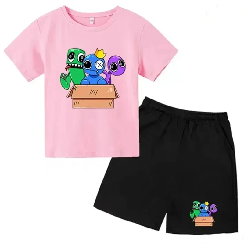 Summer Rainbow Friend Printed Short Sleeved Children T-shirt + Shorts 2pcs Set 3-12 Years Boy Girl Clothing Kid  Fashion Suit 3
