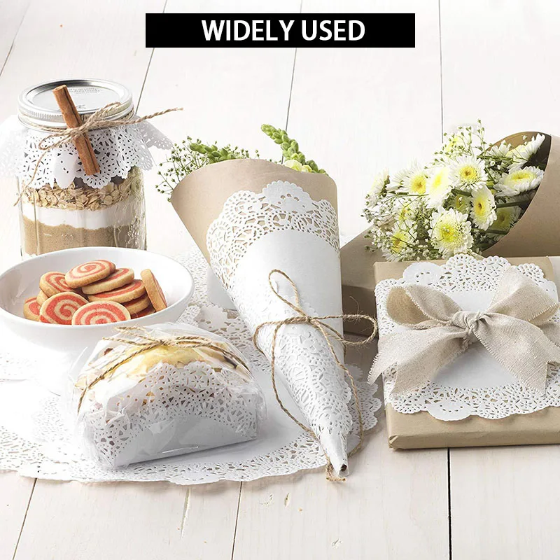 Tweruna 150 stuks kanten papieren dekens, wegwerp-ronde papieren placemats, 3 maten, witte kanten kleedjes voor tafels, desserttablets, bruiloft, verjaardag, feest, taartservies, decoratie (8,9 cm
