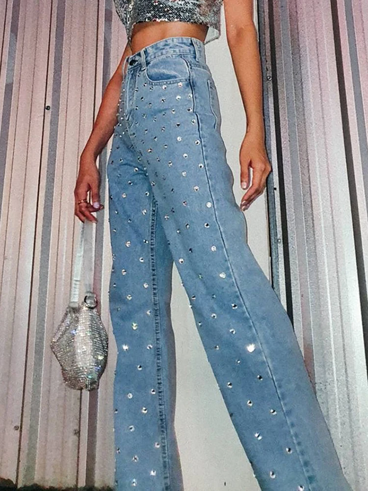 DEAT Women's Jeans High Waist Shiny Diamonds Hot Fix Rhinestone Straight  Wide Leg Denim Pants 2025 Spring New Fashion 29L3557 - AliExpress