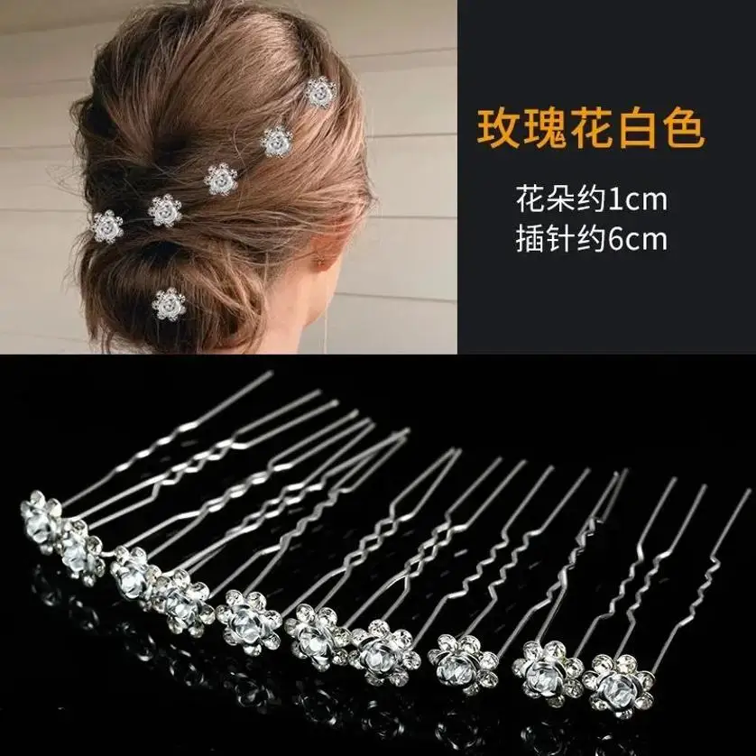 10 Pcs Headwear Hair Fork Pearl Flower Diamond Inlaid Hairpin Wedding Dress Hair Bun Pin Gifts Accessory