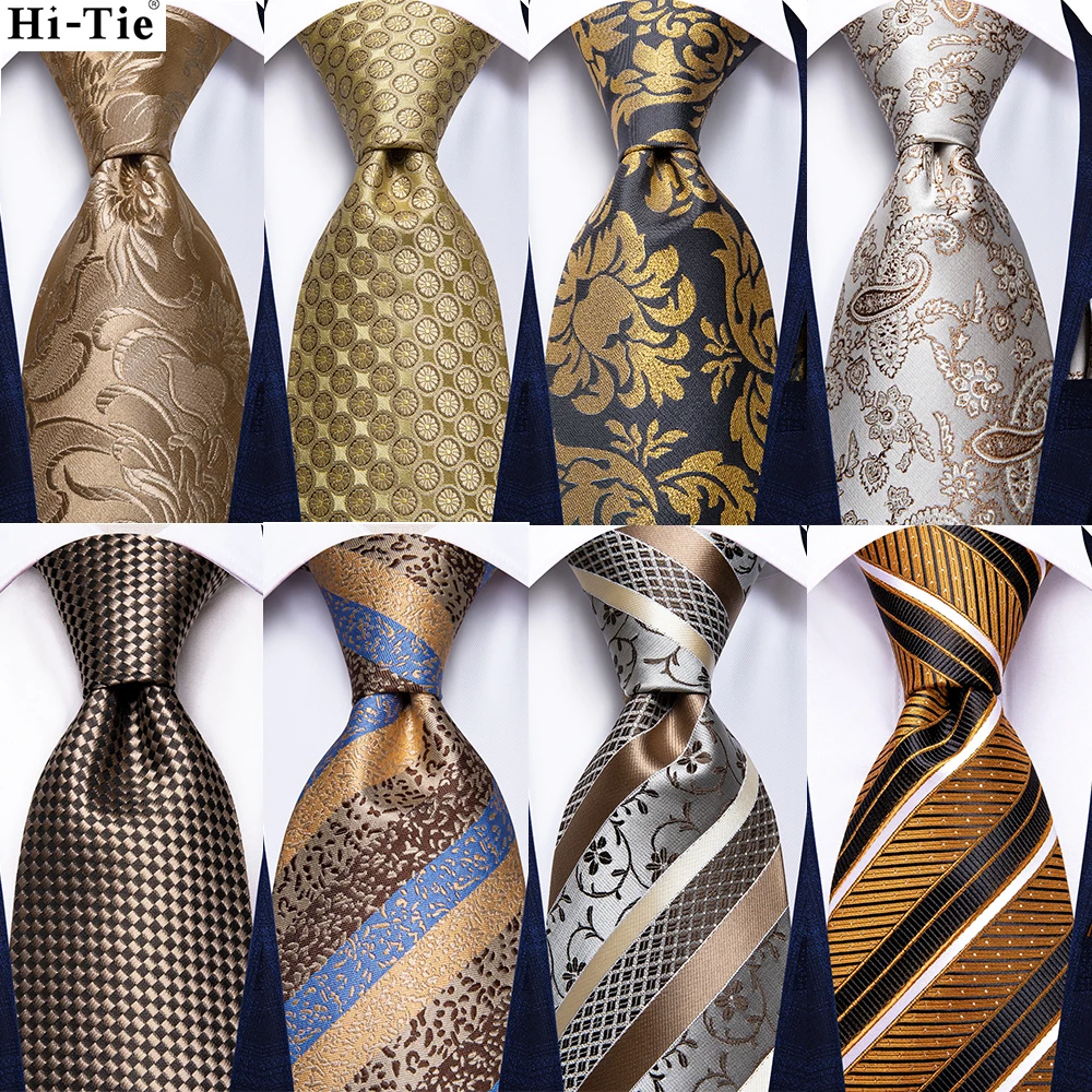 Hi-Tie Champagne Gold Striped Paisley Solid Men Silk Wedding Tie Fashion Design Necktie For Men Hanky Cufflink Business Party neck tie