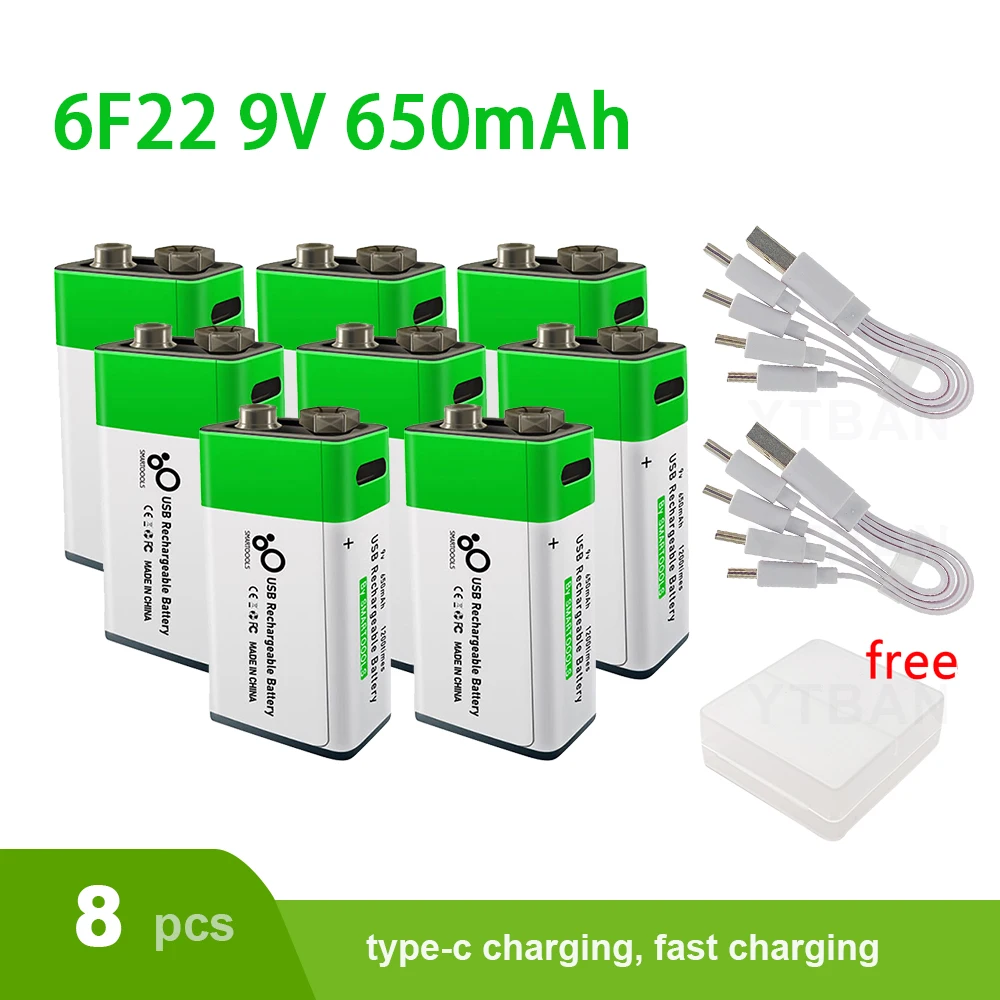 

8PCS 9V Rechargeable Li-Ion Battery USB Charging 9 v 6F22 Li-ion Square Battery for Metal Detector KTV Microphone Toy Multimeter