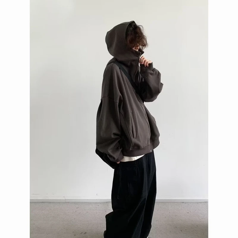 Autumn College Casual Set Men Japanese Harajuku Zipper Fleece Hoodie Jacket+Retro Wide Leg Pants 2-piece Street Fashion Suit 5